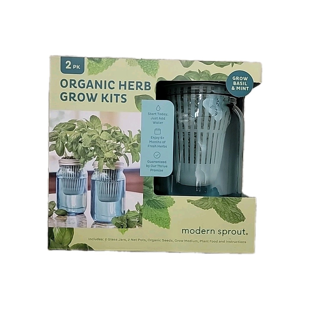 Modern Sprout Organic Herb Glass Jar Grow Kits, 2 Pack, Basil & Mint