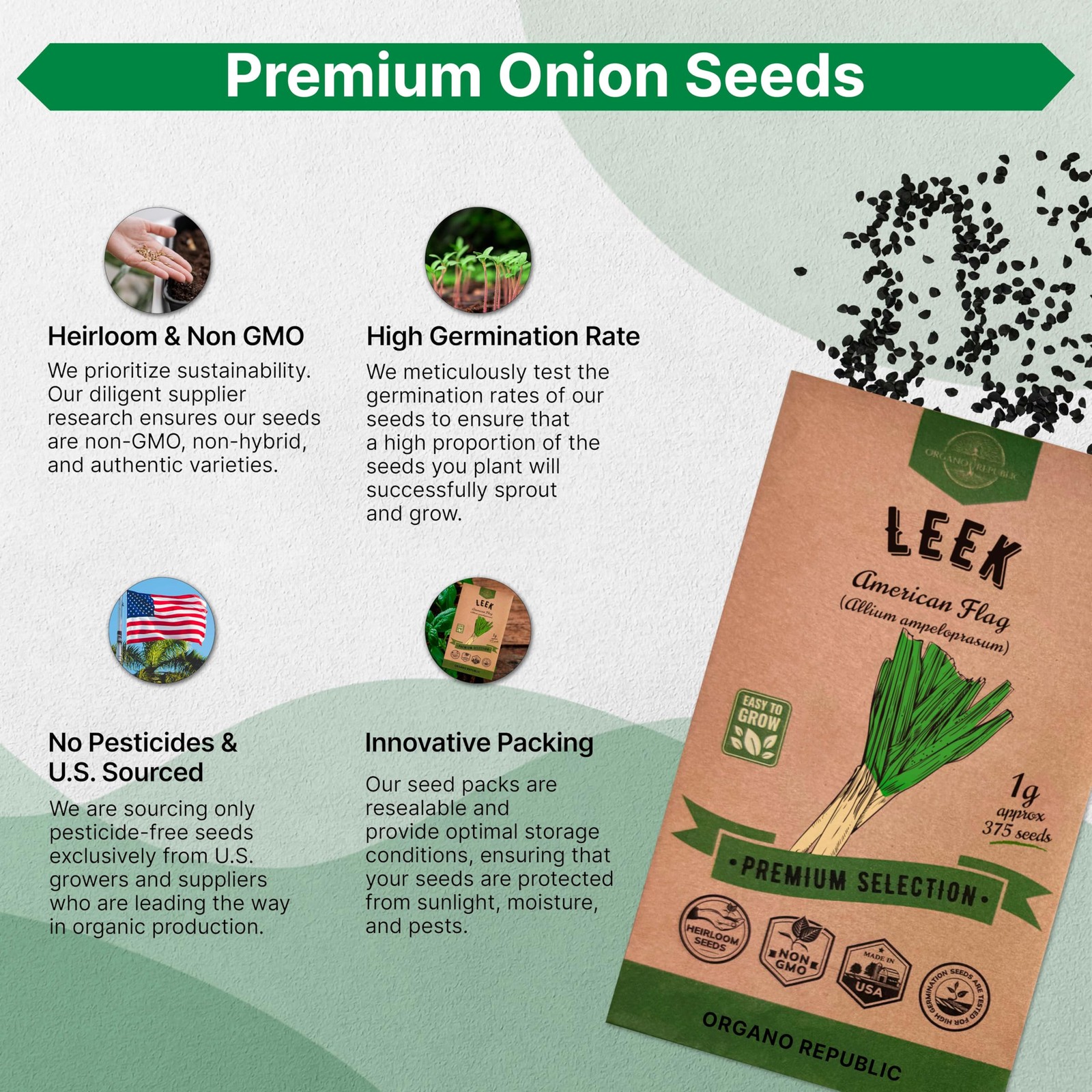 Organo Republic Onion Leek Seeds Pack 1G Over 375 NonGMO Heirloom Onion Seed…