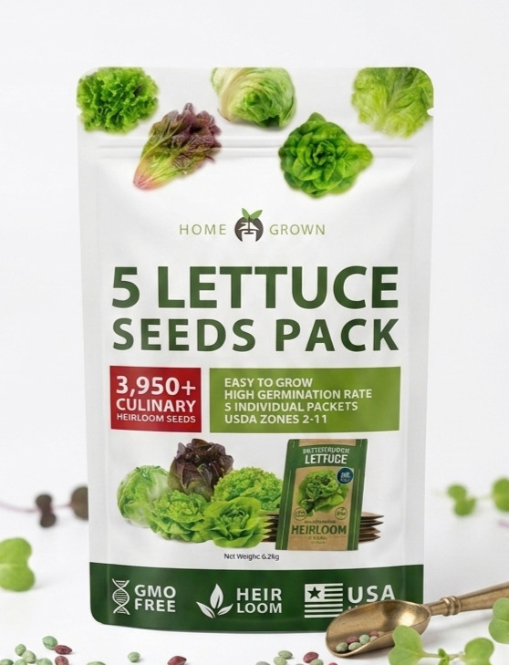 HOME GROWN 5 Lettuce Heirloom Seed Pack 3950+ Non-GMO Garden Seeds USA