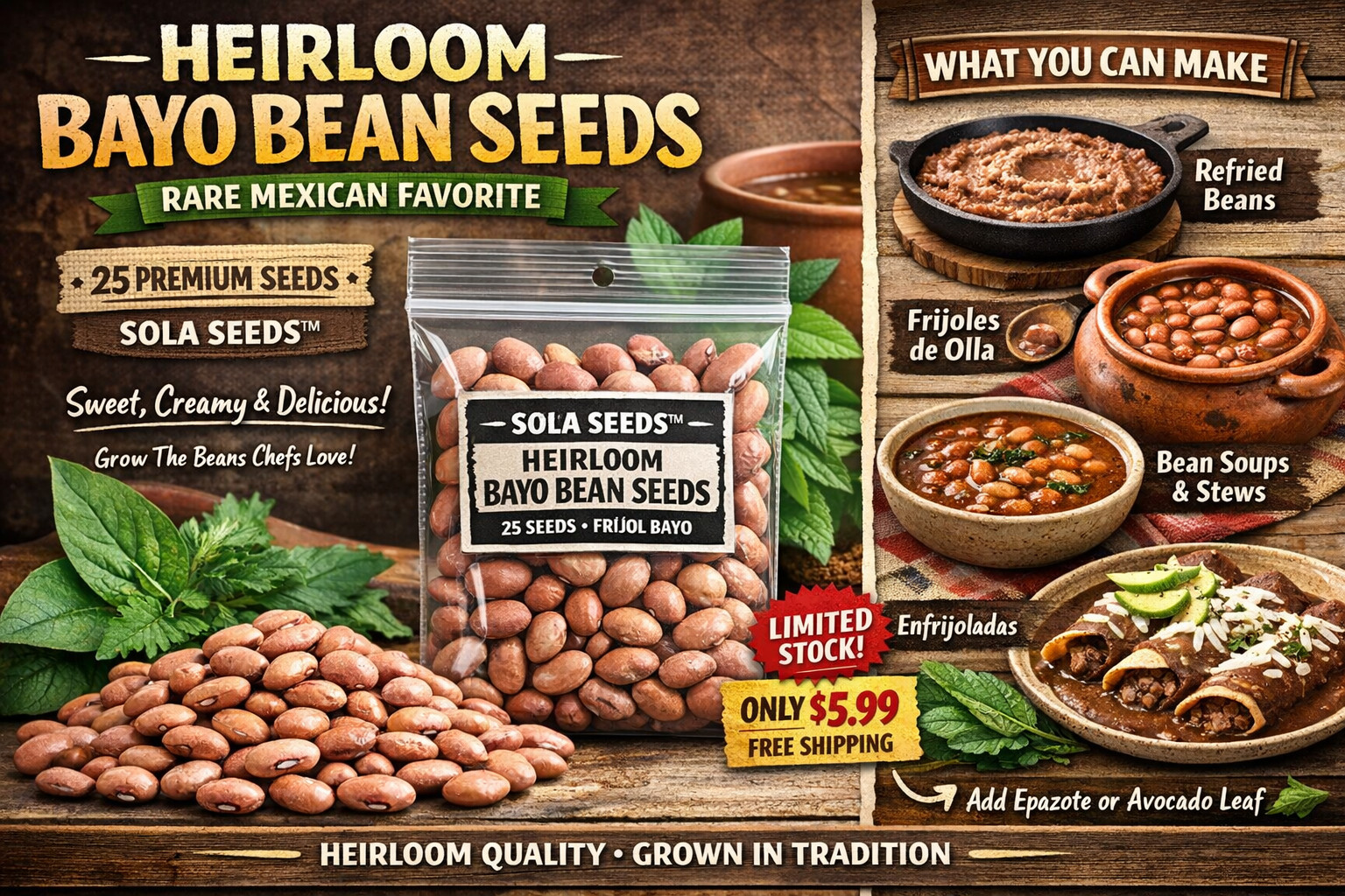 25 Bayo Bean Seeds, Rare Mexican Creamy Frijol, Heirloom, Non-GMO, Genuine USA
