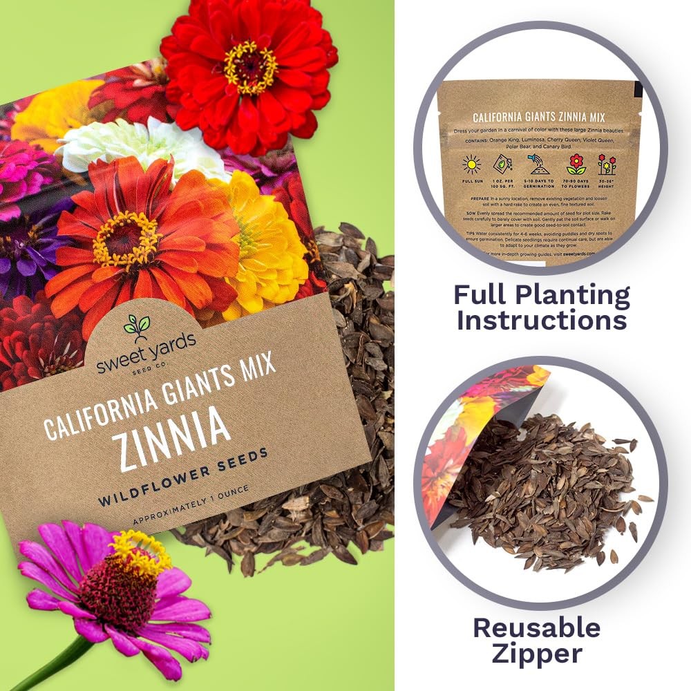 Zinnia Seeds – California Giants Mix – Large 1 Ounce Packet – 3,000 Flower Se…