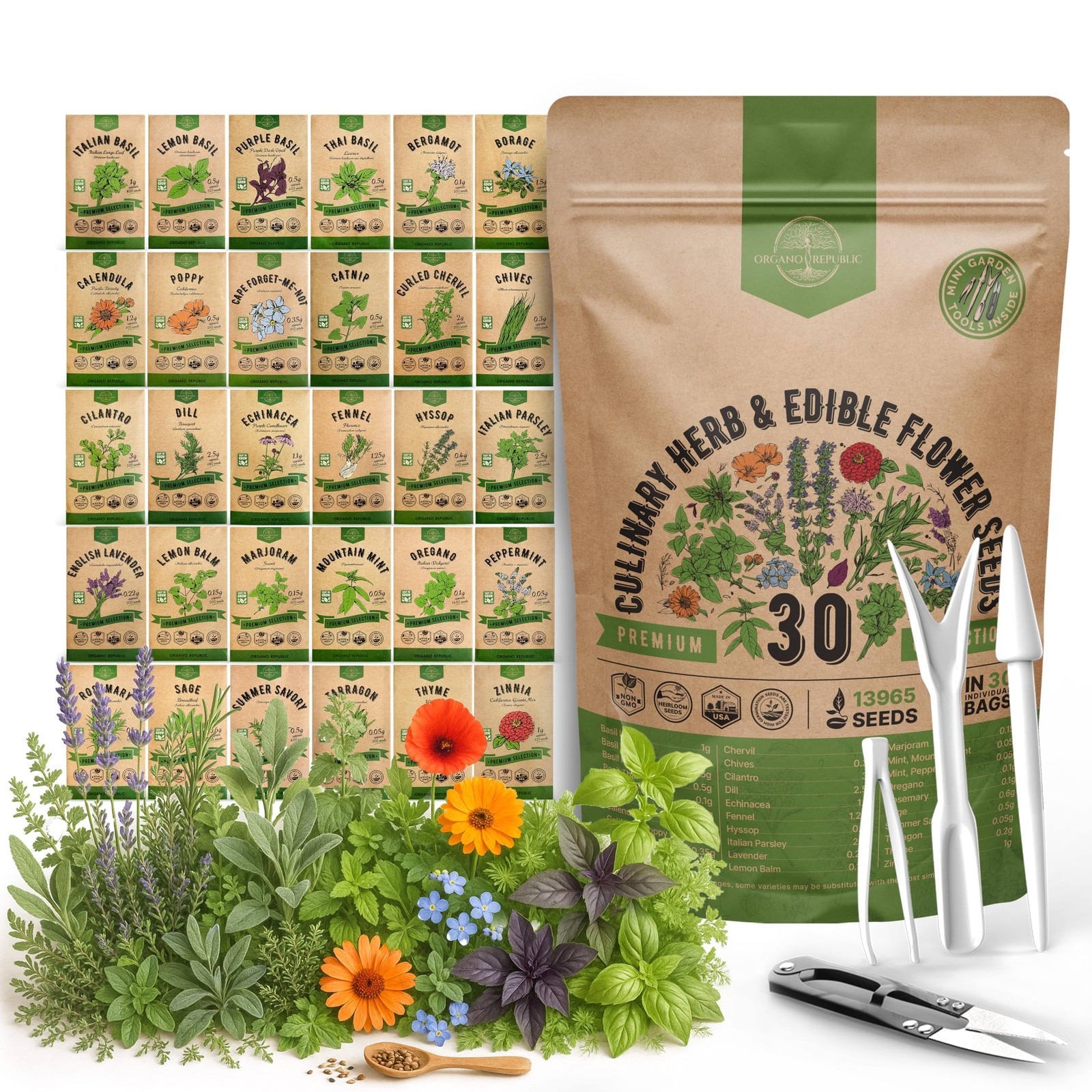 Organo Republic 30 Culinary Herbs & Edible Flower Seed Variety Pack Indoor/Ou…