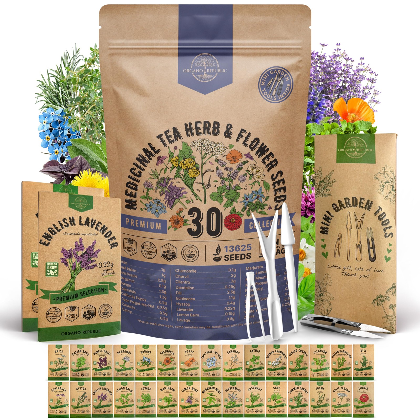 Organo Republic 30 Medicinal Tea Herb & Flower Seeds Variety Pack 13600+ Non…