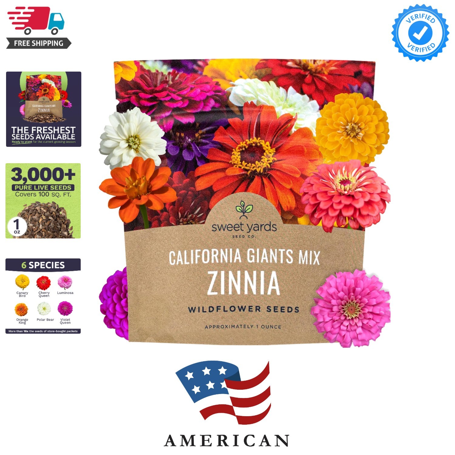Zinnia Seeds – California Giants Mix – Large 1 Ounce Packet – 3,000 Flower Se…