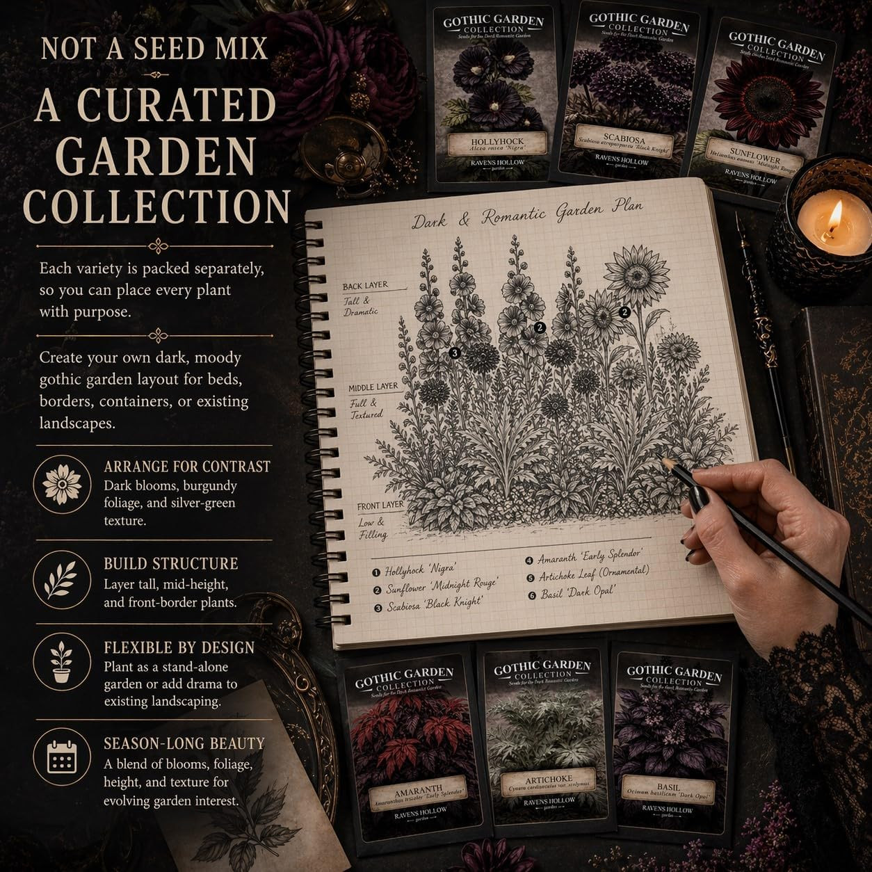 Gothic Garden Seed Collection, 6 Open-Pollinated Flower & Foliage Varieties