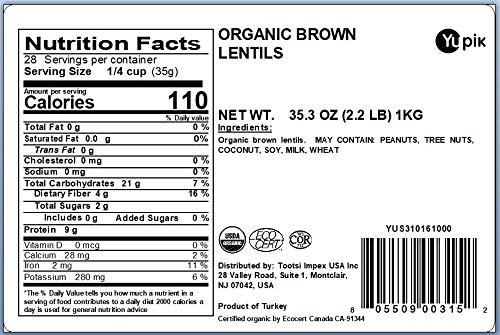 Yupik Organic Brown Lentils, 2.2 lb 35.2 oz, Pack of 6, NonGMO, Vegan, Gluten…