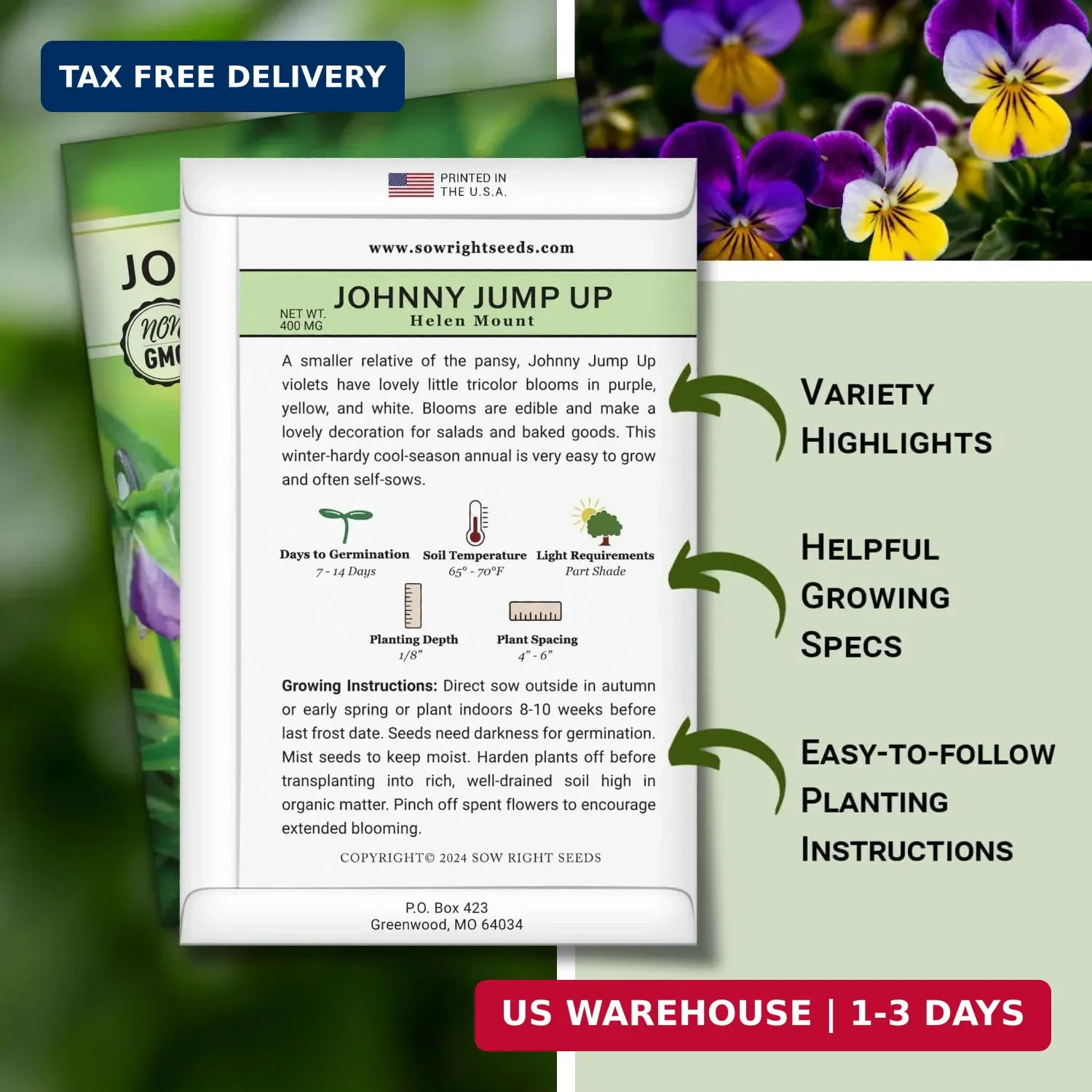 Sow Right Seeds – Violet, Johnny Jump-Up Flower Seed for Planting – Beautiful Fl