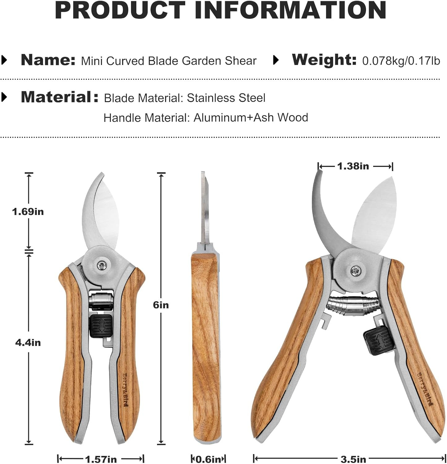 Berry& Mini Pruning Shears for Gardening Curved Blades Hand Pruners with Wooden