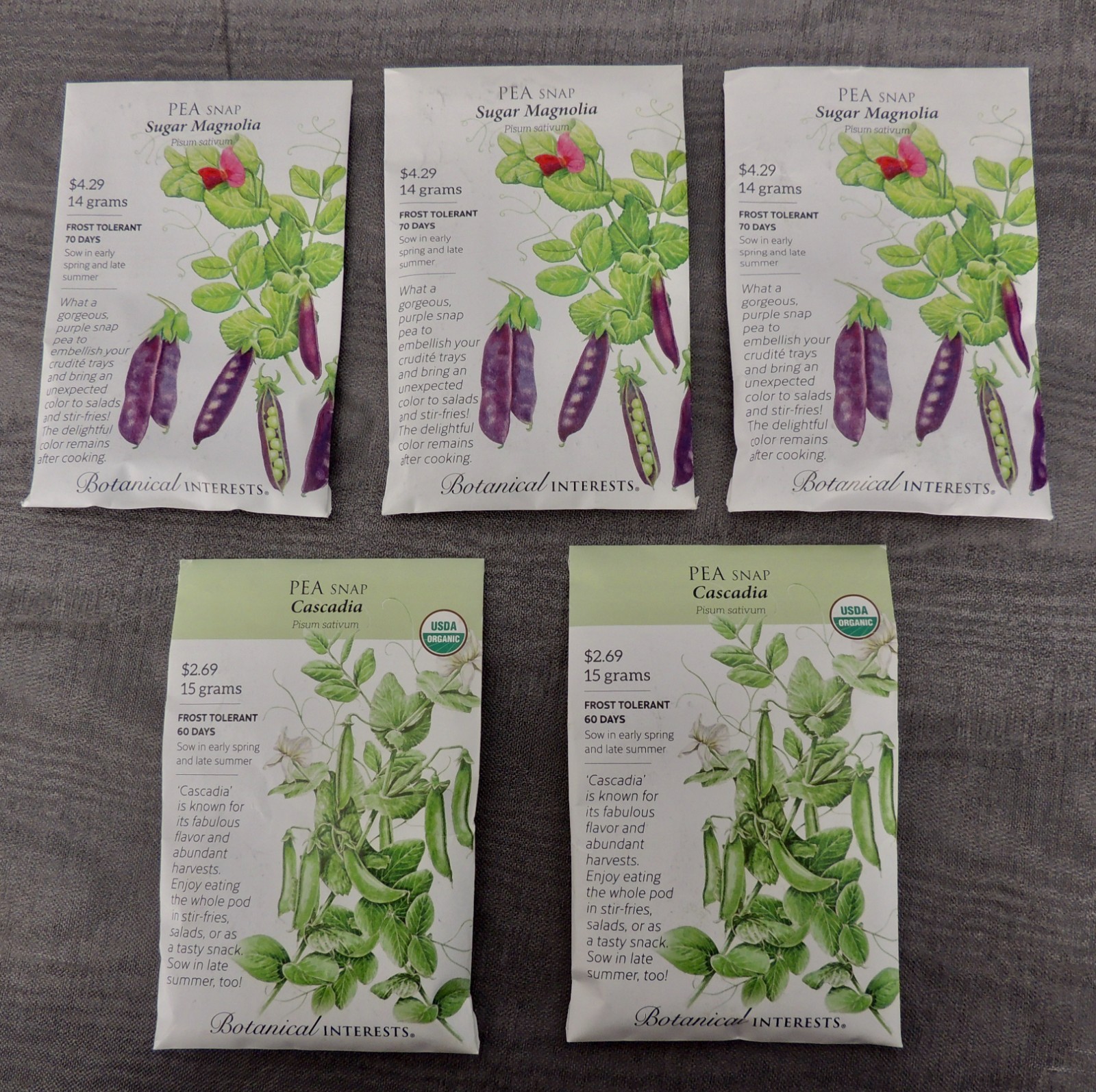 Lot of 5 BOTANICAL INTERESTS SEED PACKS SUGAR MAGNOLIA & CASCADIA SNAP PEAS