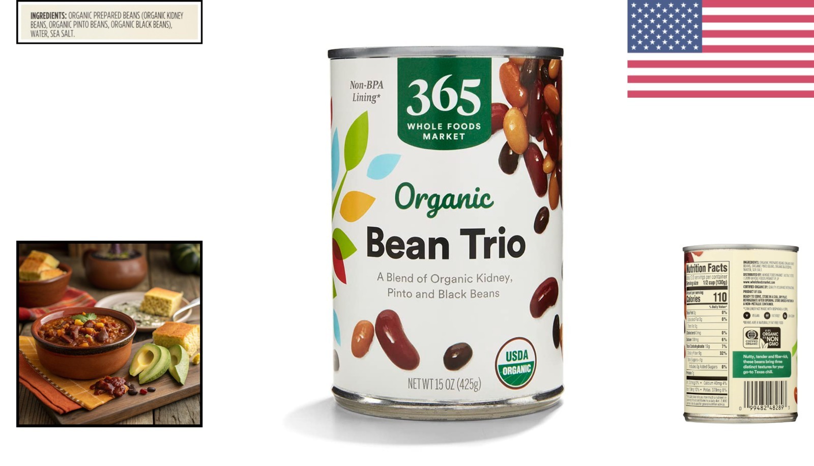 15 Ounce Organic Kidney Pinto Black Beans Low Sodium Whole Beans