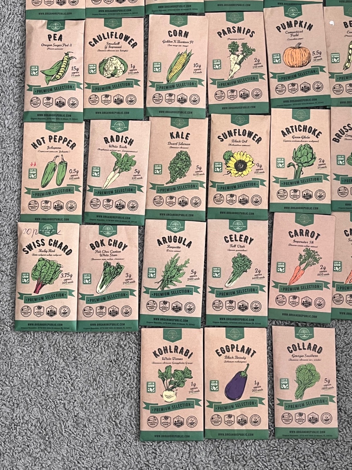 Organo Republic ,31 Mixed Vegetable Seed Packets with instuction on the back