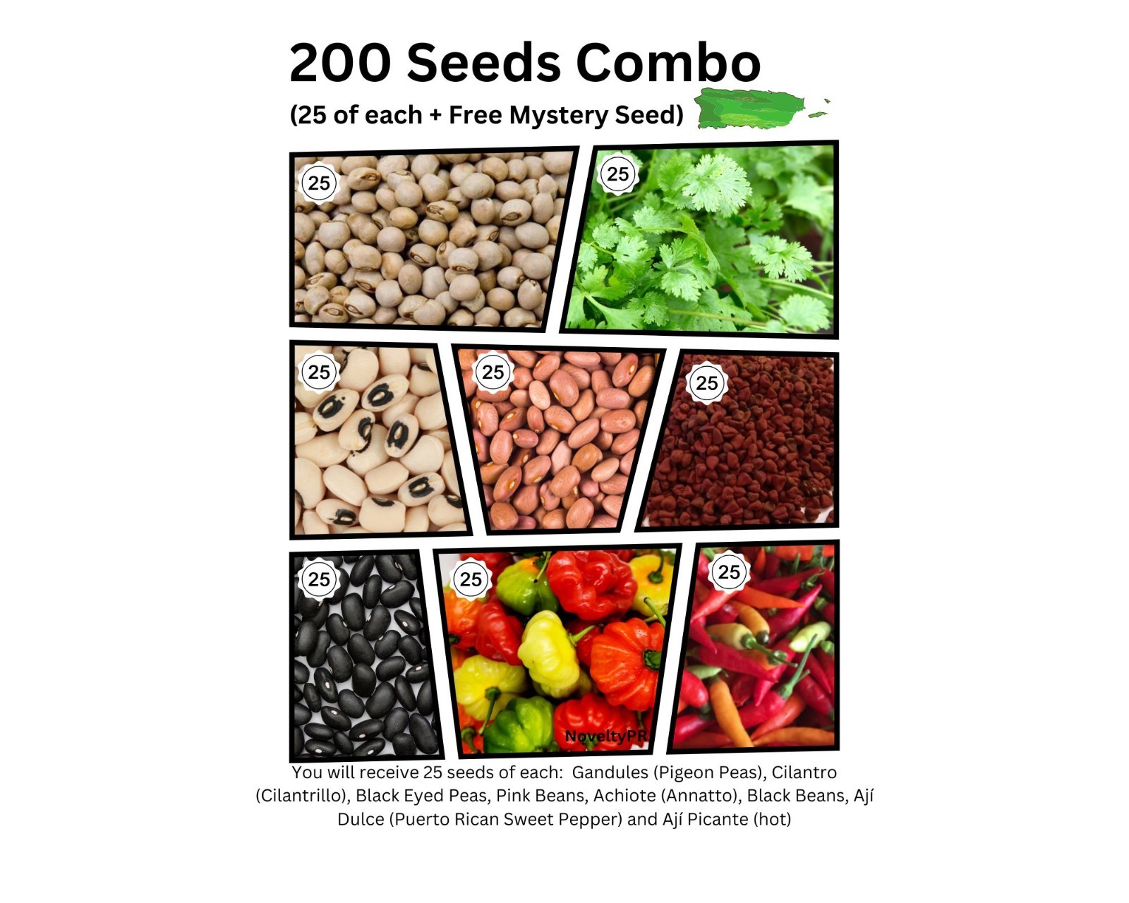 200 Seeds Combo from Puerto Rico, Coriander, pigeon peas, sweet pepper and more