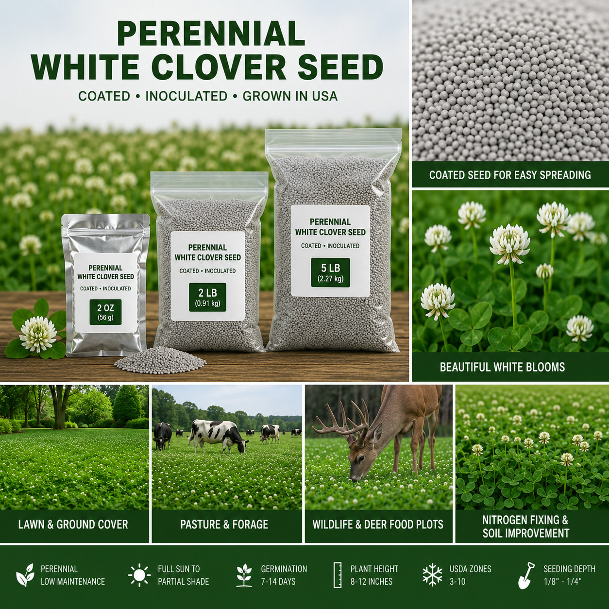 White Dutch Clover Seed Coated Perennial Lawn Pasture Cover Crop Deer Food Plot