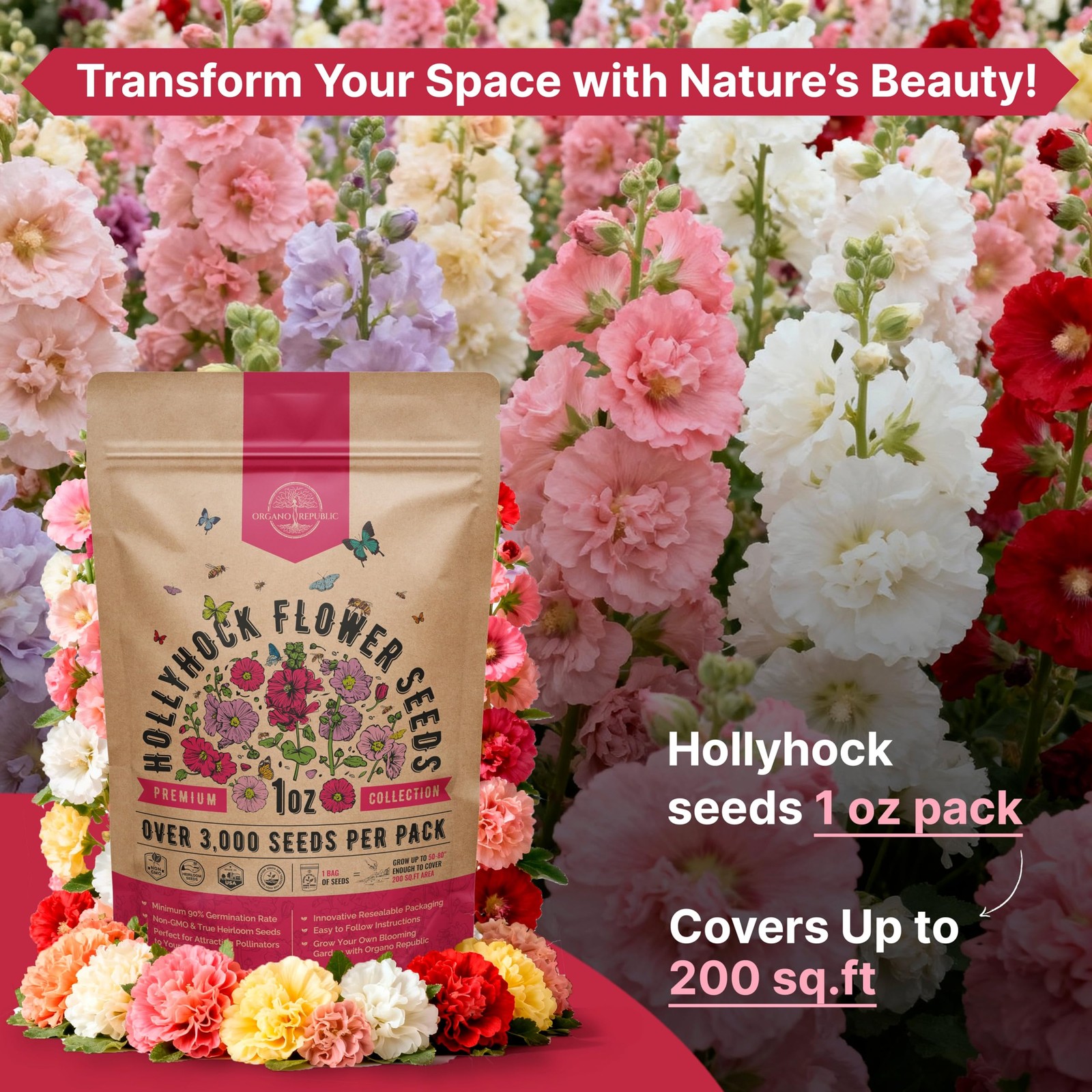 Hollyhock Flower Seeds Pack 1 oz – Over 3,000 1oz, Pink, Orange, Red, Green