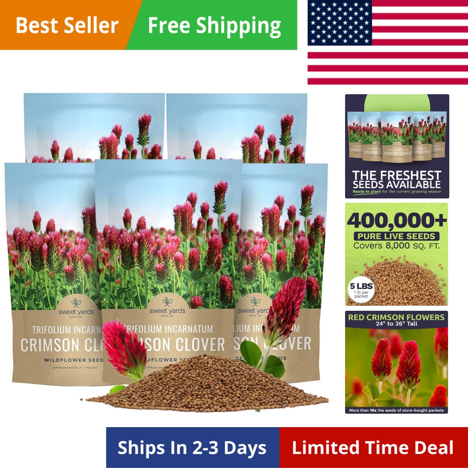 Crimson Clover Seeds for Planting – Bulk 5 Pounds – Over 400,000 Open Pollina…