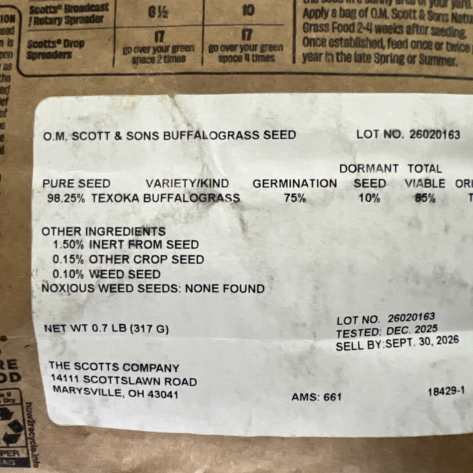 O.M. SCOTT & SONS BUFFALO GRASS SEED 0.7 lb. Bag 350 sq ft. Drought Tolerant