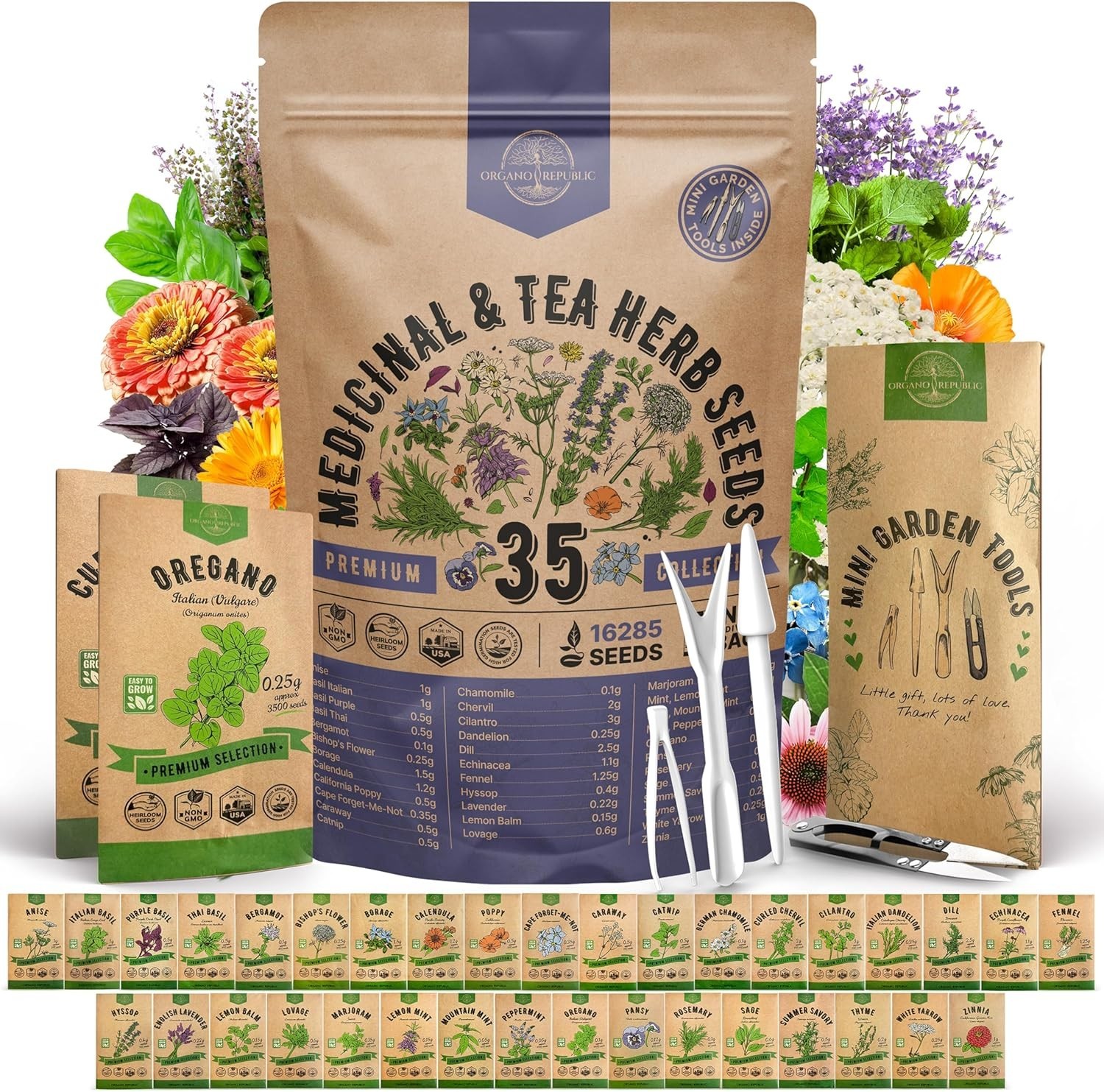35 Medicinal & Tea Herb Seeds Variety Pack for Indoor & Outdoors. 16,335+ Non-GM