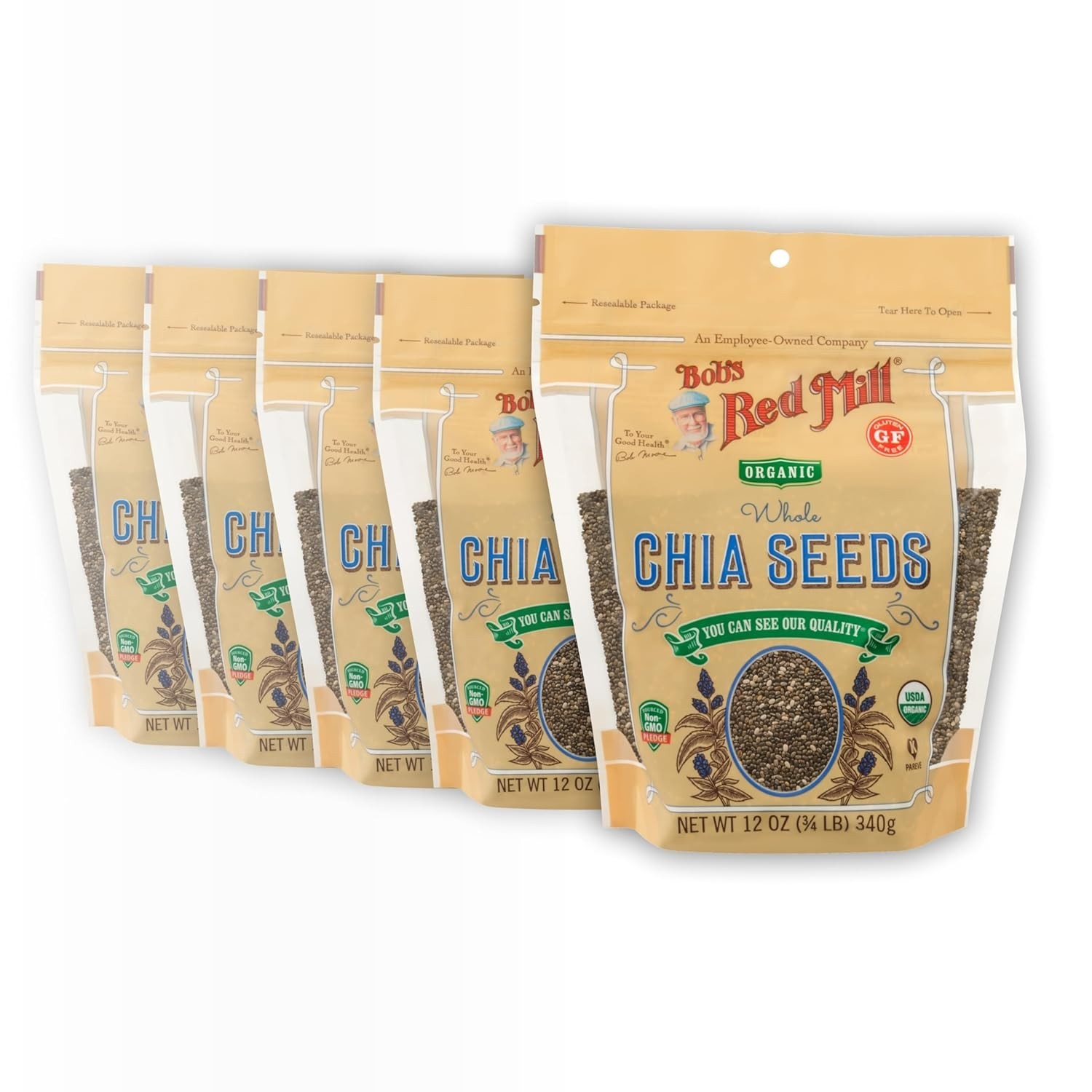 Organic Chia Seeds Pack of 5 (12oz Each) – Gluten Free & Keto Friendly Superfood