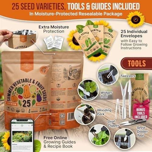 25 Non-GMO Heirloom Vegetable & Fruit Seeds Variety Pack for Home Gardening – 1,