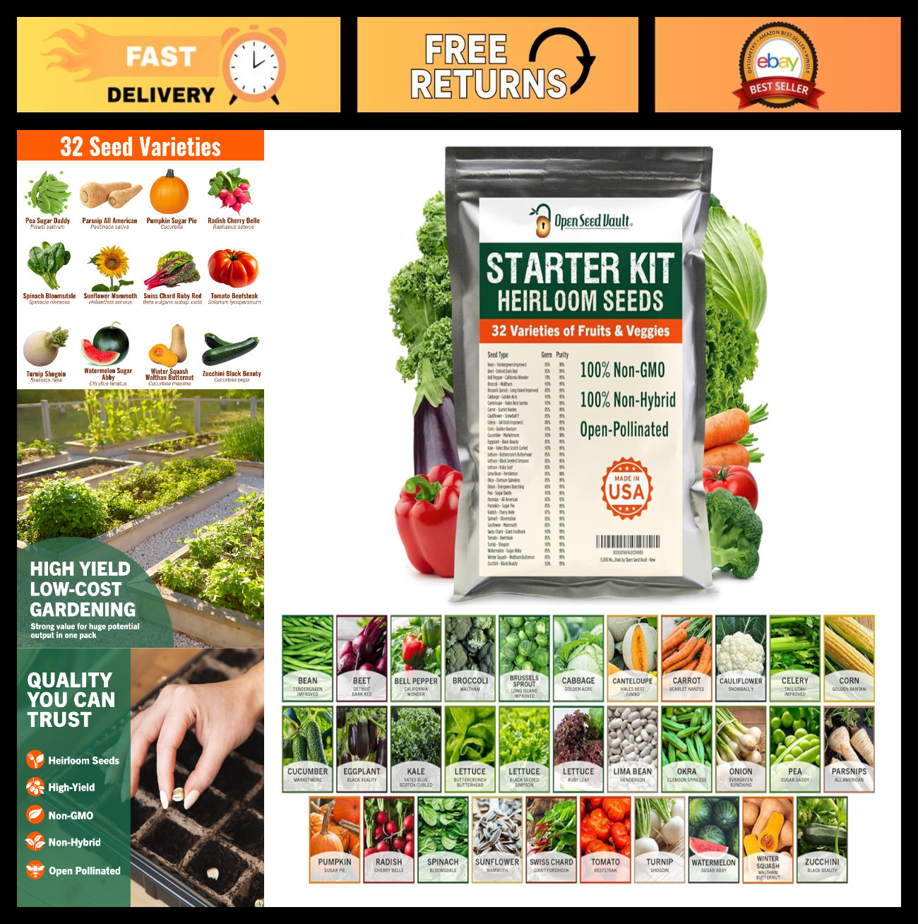 15,000 Heirloom Seeds – 32 Varieties | Non-GMO Survival Seeds for Indoor & Outdo