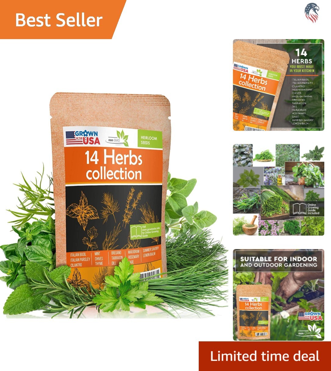 14 Herb Seed Pack Compatible Indoor Outdoor Non-GMO Heirloom Basil Parsley Di…
