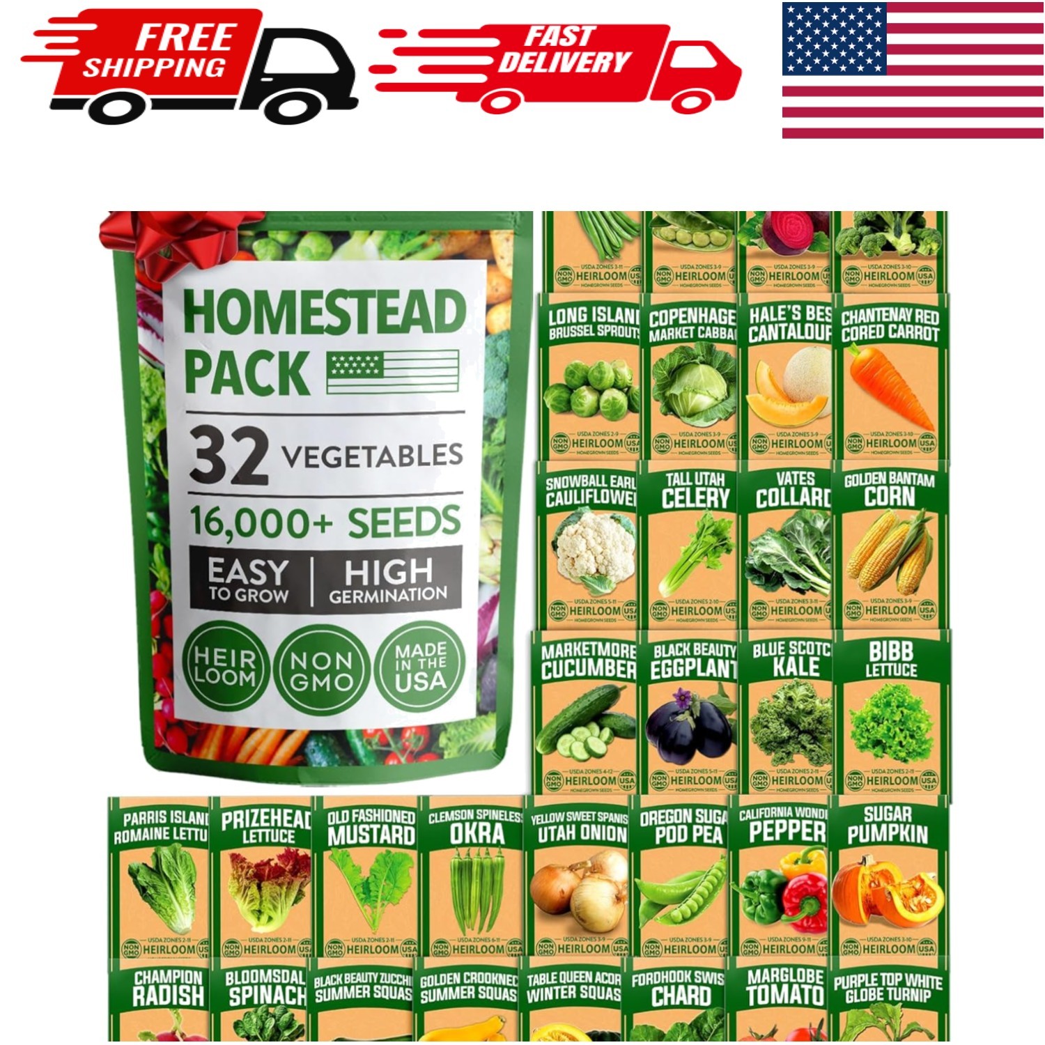 Complete 32-Pack Heirloom Seeds: 16,000+ Quality Seeds for -Round Harvesting