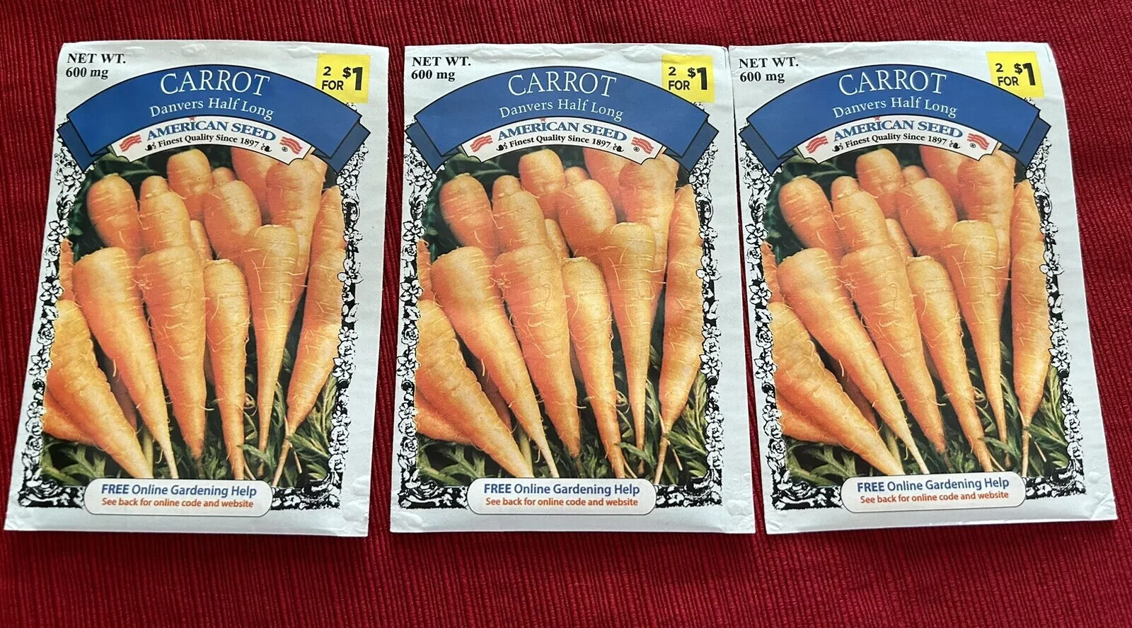 American Seed Danvers Half Long Carrot Lot of 3-600mg Packets (12/19) (JC)