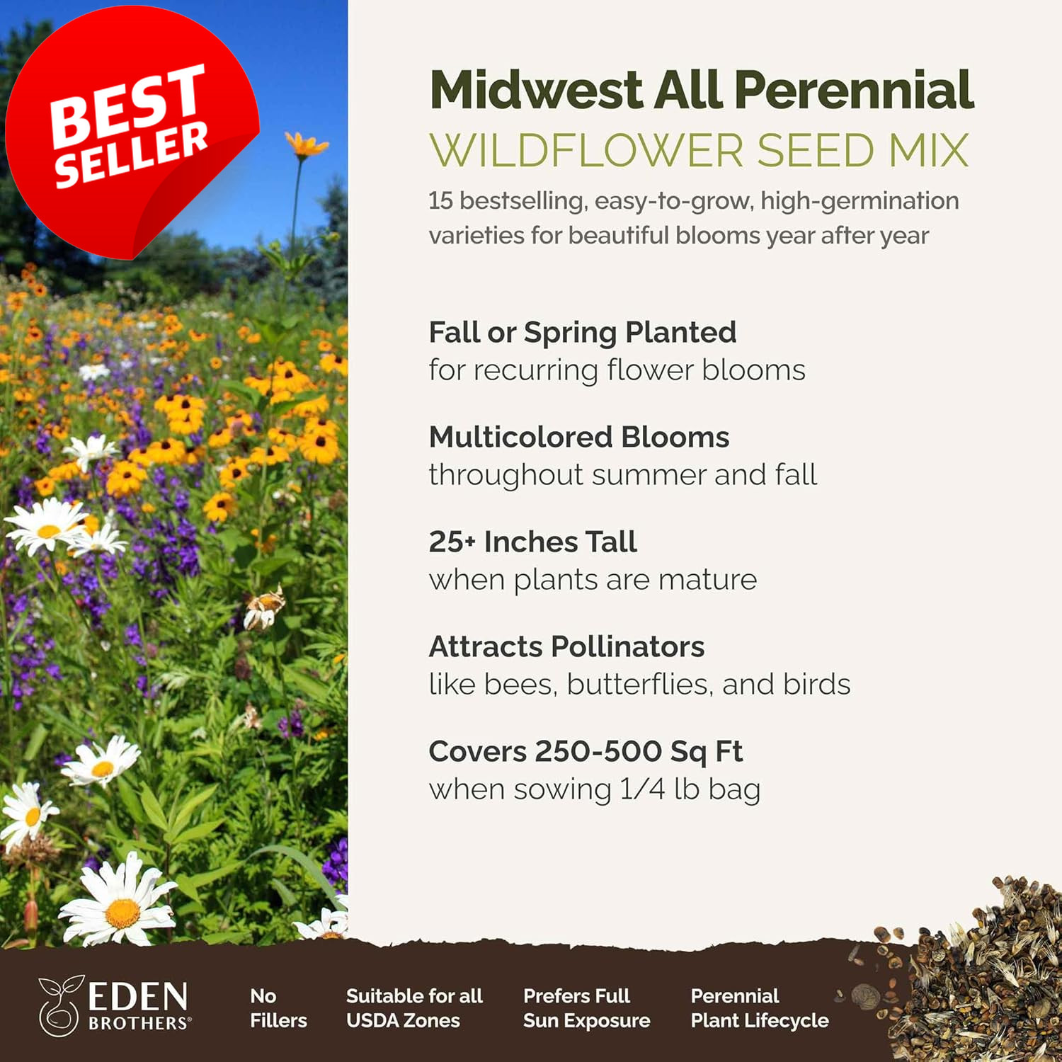 Midwest Perennial Wildflower Seeds Mix 1/4 lb 120K Pollinator Zones 3-10 – US