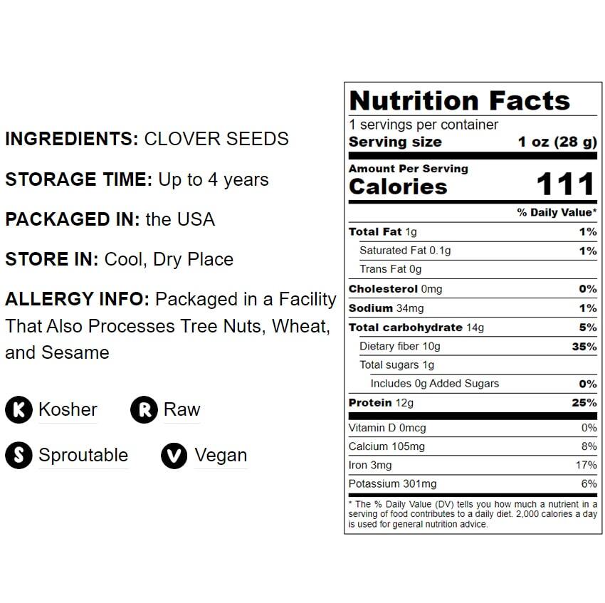 Clover Seeds for Sprouting — Kosher, Vegan — by Food to Live