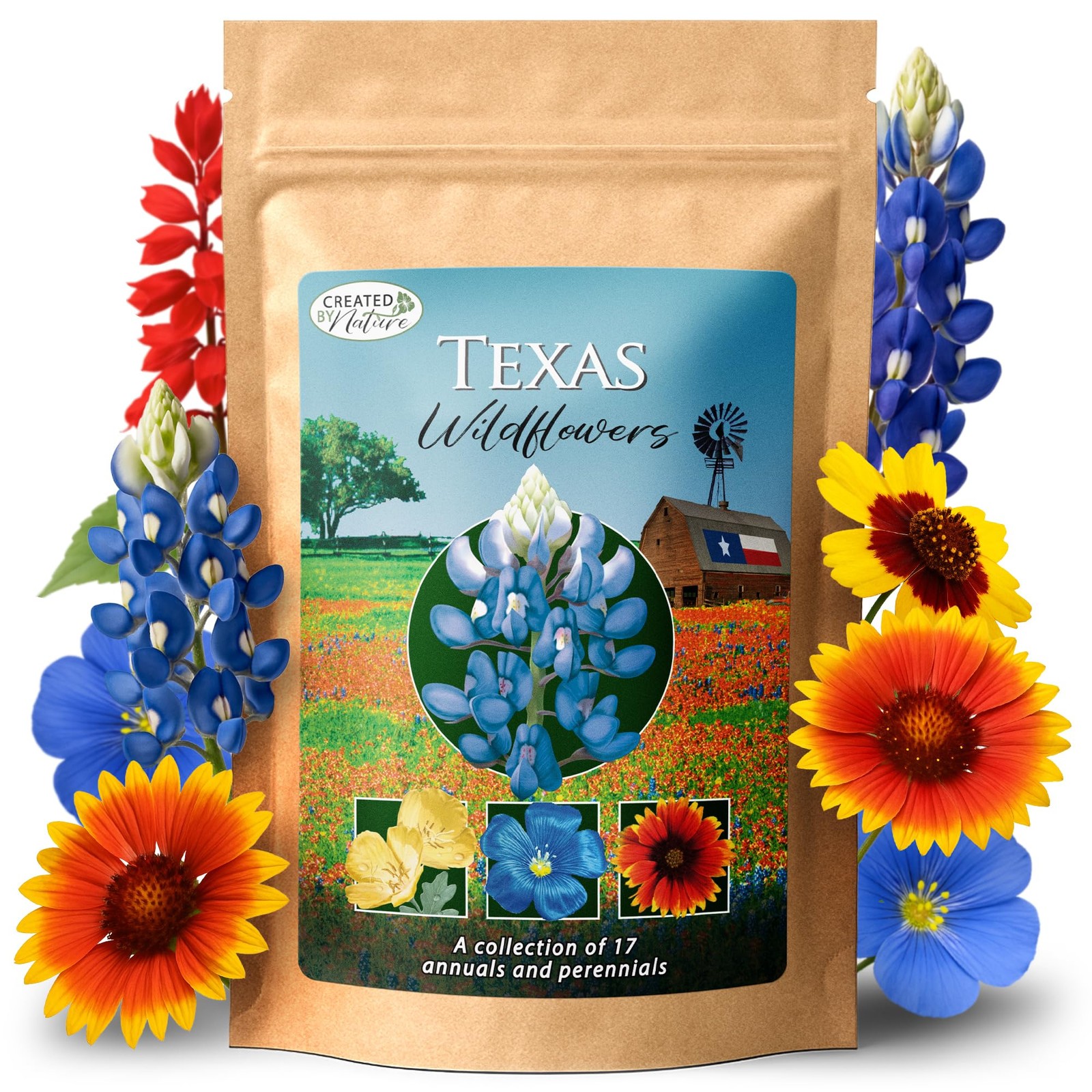 Texas Wildflower Seed Mix with Texas Bluebonnet Seeds, 17 Flower Varieties, 6…