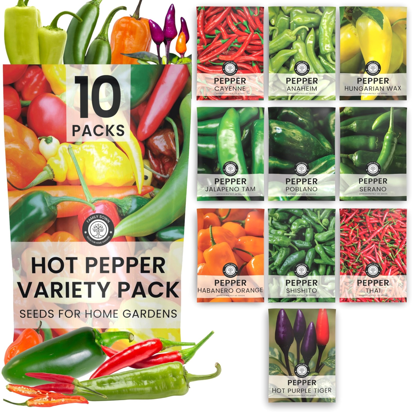 Hot Pepper Seeds | 10 Individual Packs | 2026 Season | Non-GMO | Cayenne, Hab…