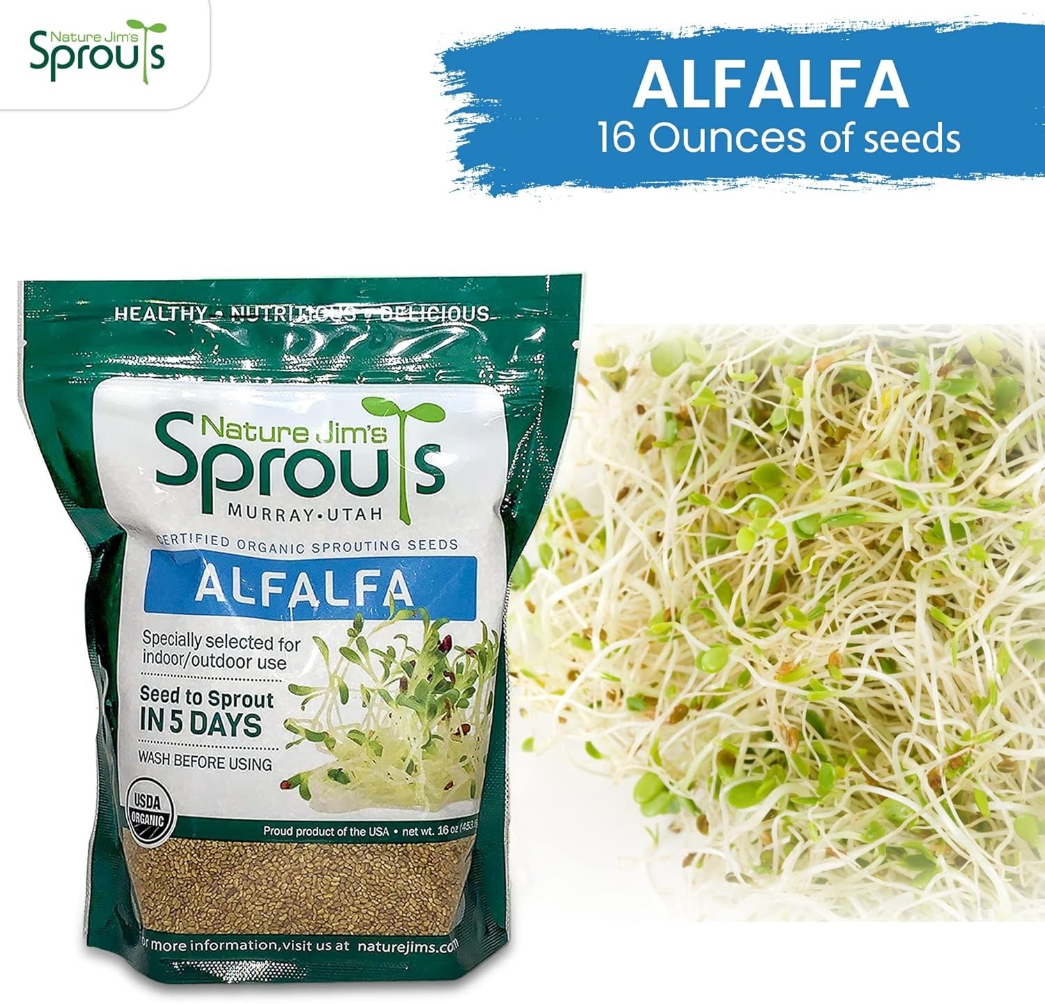 Non-GMO Organic Alfalfa Seeds – 16oz Sprout Growing Kit for Home Gardens