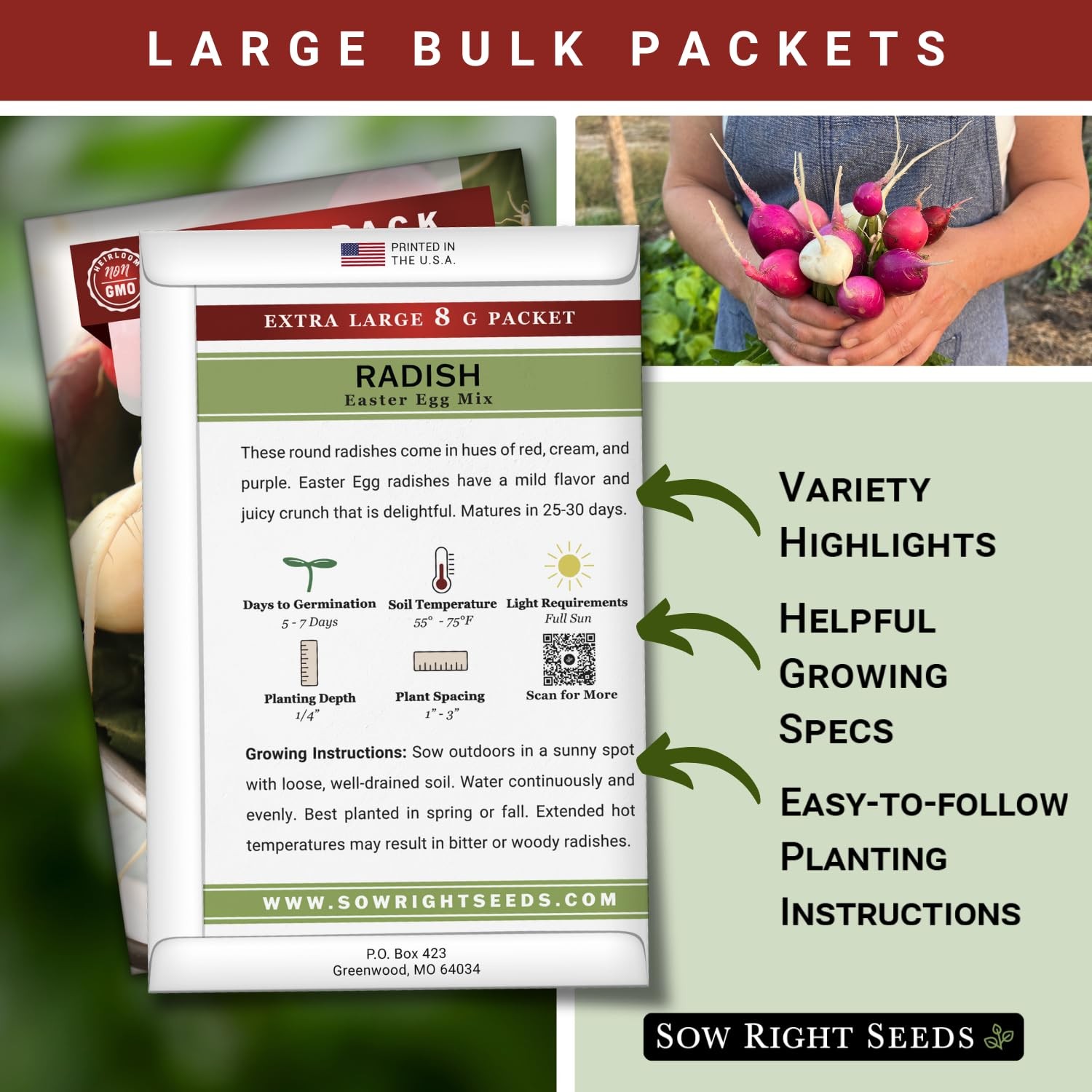 Bulk Easter Egg Radish Seeds NonGMO Heirloom Mix for Home Garden 10g