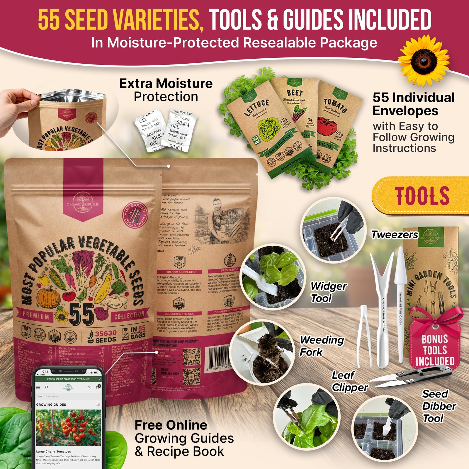 55 Vegetable Seeds Variety Pack 35,600+ NonGMO Heirloom Seeds for Planting V…