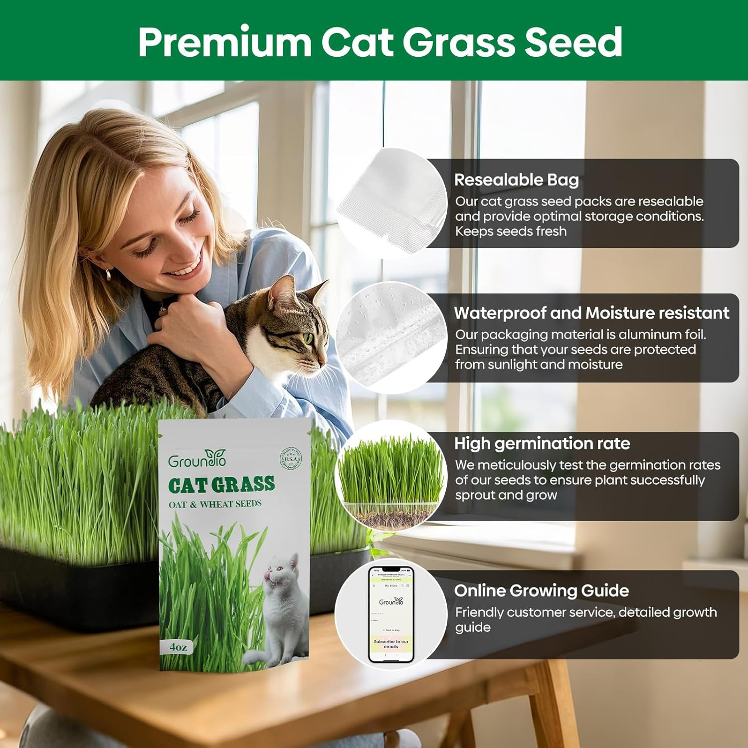 Cat Grass Seeds Mix, Non-GMO Wheat & Oat, Indoor Cats, USA Grown, 4 oz