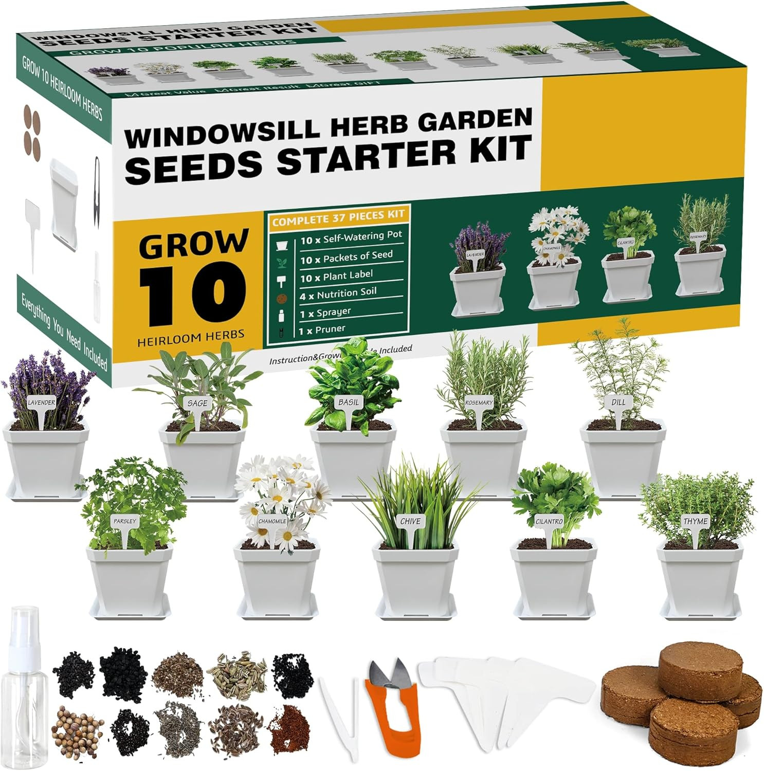 10 Herb Seeds Garden Starter Grow Kit with White Pots, Markers, Nutritional Soil