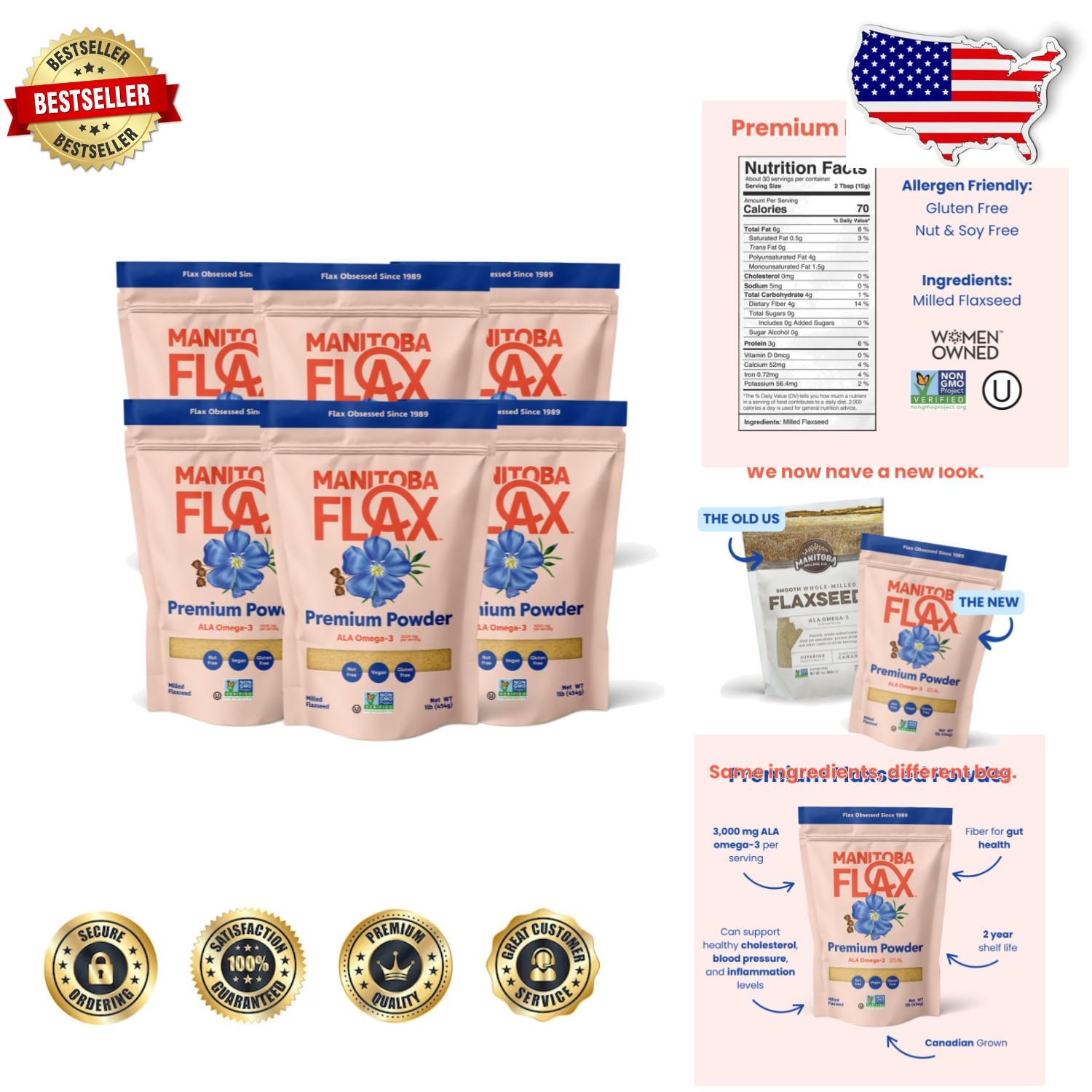 Manitoba Milling Flaxseed Six 1lb Bags – Smooth Milled Fiber Protein Omega 3