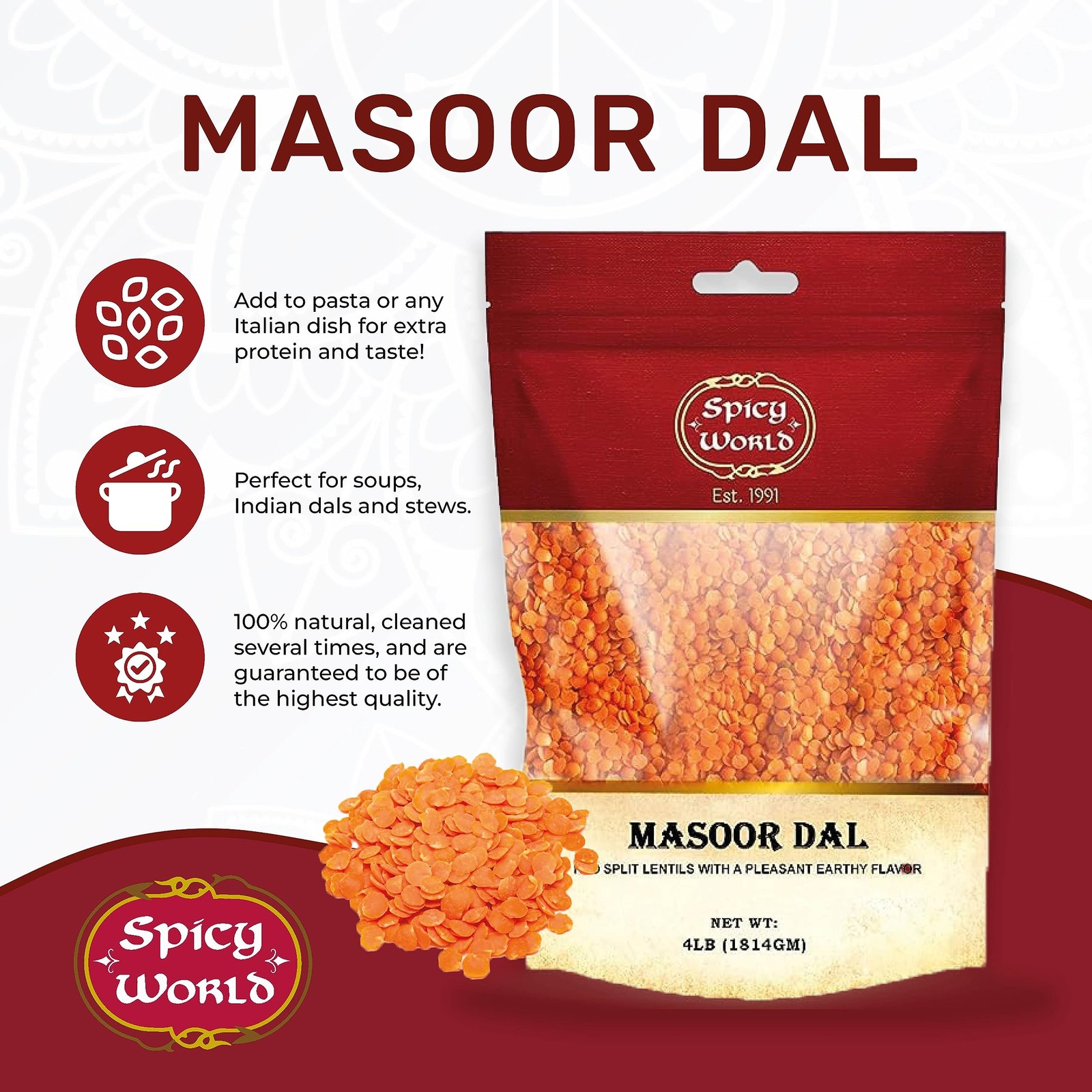 Masoor Dal 4 Pound Bag – Split Red Lentils Dry – All Natural, Pure, Vegan – R…