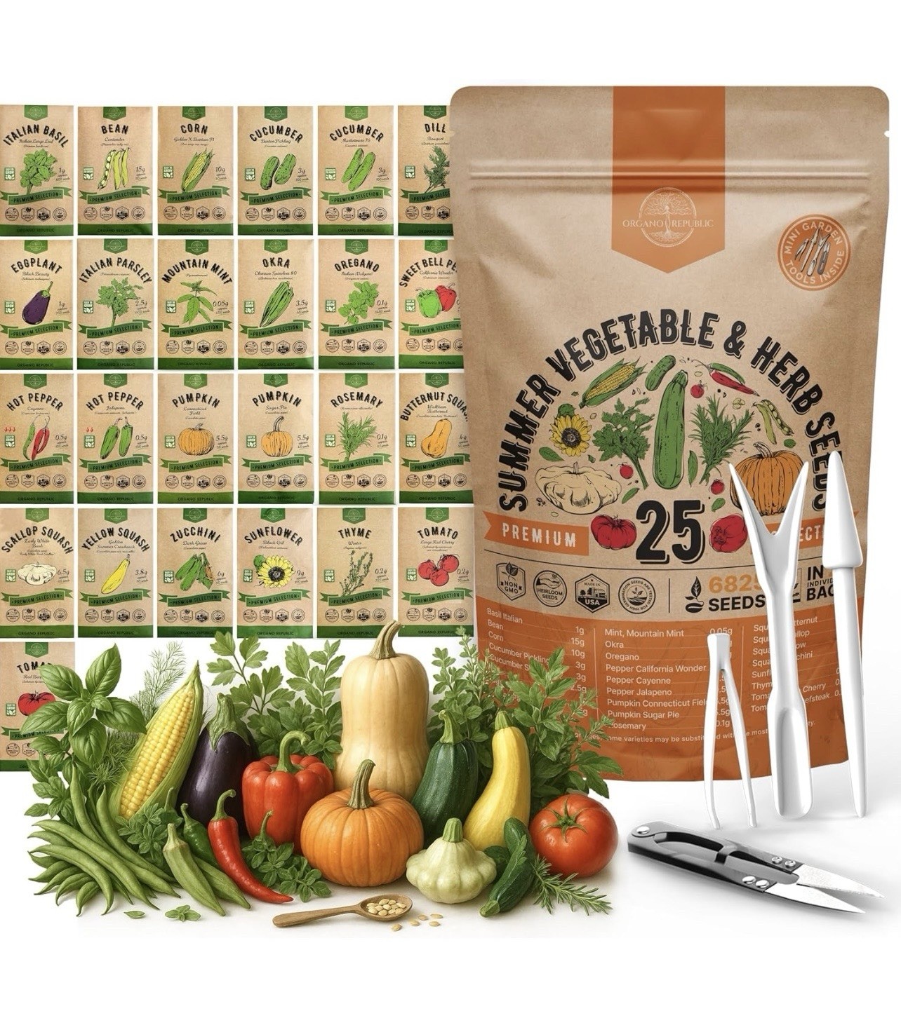 ORGANO REPUBLIC SUMMER VEGETABLE & HERB SEEDS-PREMIUM 25 COLLECTION-MINI TOOLS