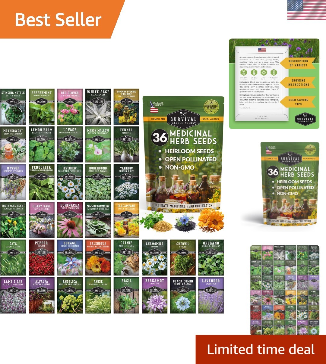 Ultimate 36 Heirloom Medicinal Herb Seeds Pack for Natural Remedies and Wellness