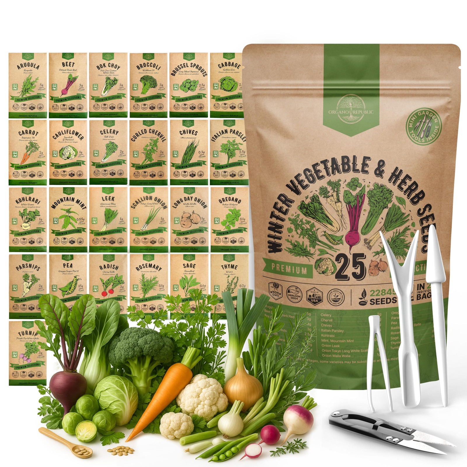 Organo Republic 25 Winter Vegetable & Herb Garden Seeds Variety Pack for Outd…