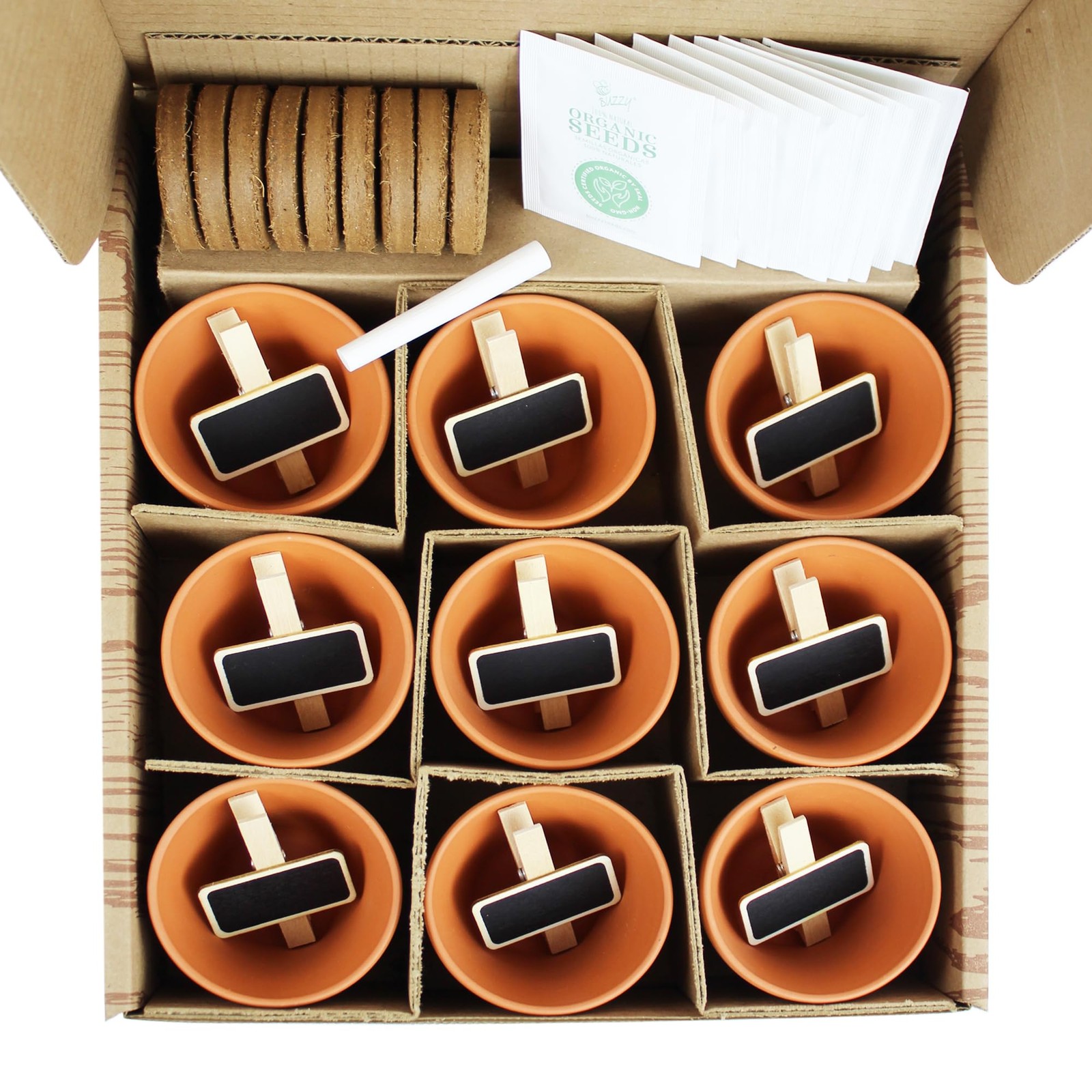 Buzzy Organic Herb Starter Kit – 9 Terracotta Pots, Organic Seeds & Soil Pell…