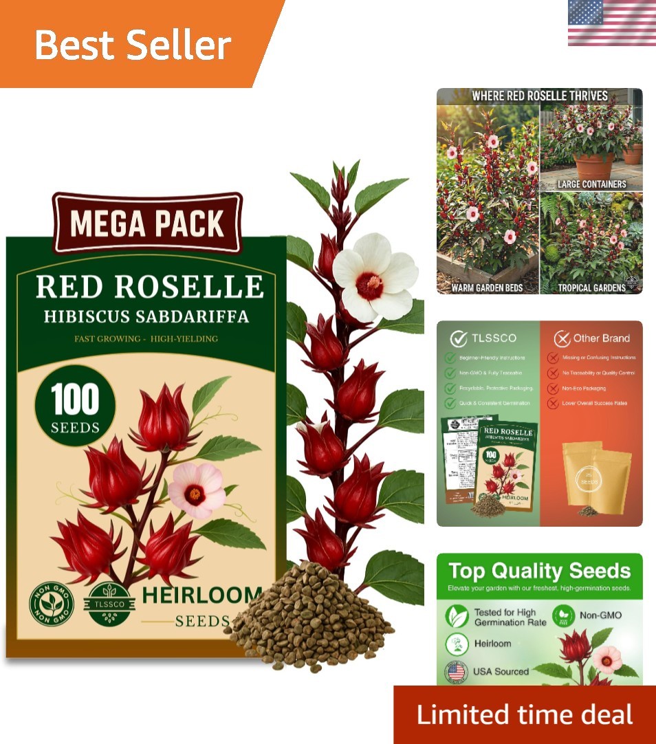 100+ Non-GMO Red Roselle Seeds for Fast-Growing Hibiscus Flowers