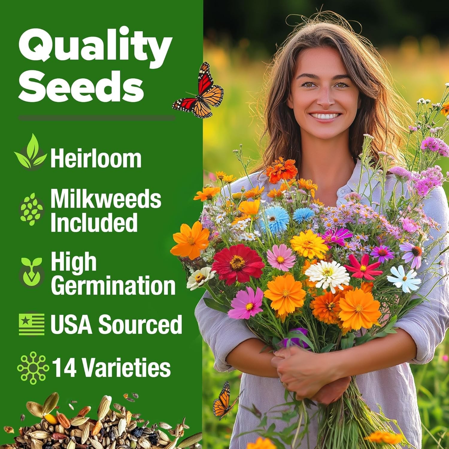 High Germination Monarch Butterfly Seeds Mix – 2oz Non-GMO Wildflowers for Bees
