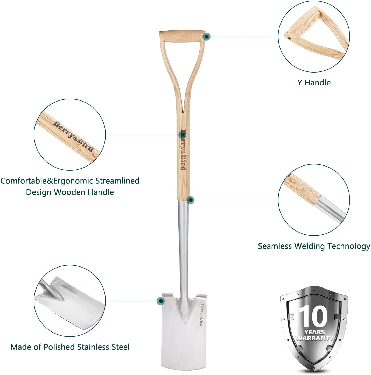 Garden Digging Spade, 41″ Stainless Steel Square Border Spade, Heavy Duty Europe