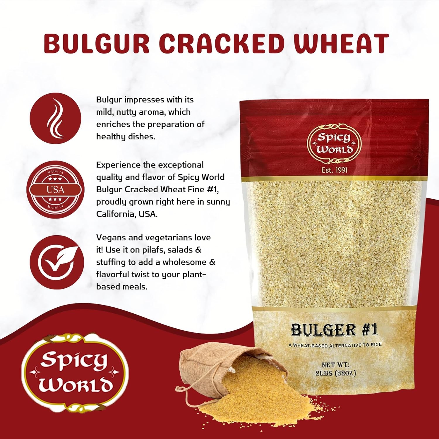 Spicy World Bulgur Cracked Wheat Fine #1, 2 LB Bag (32oz) 2 Pound (Pack of 1)