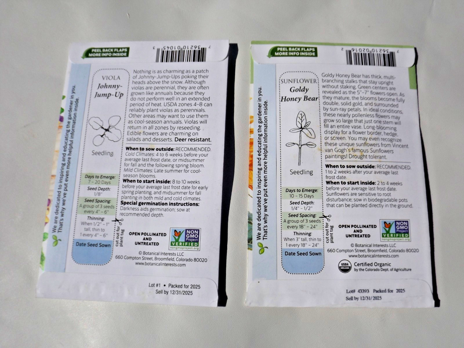 Lot #1 20 packs Botanical Interests seeds, sunflower, jump-up, nasturtium