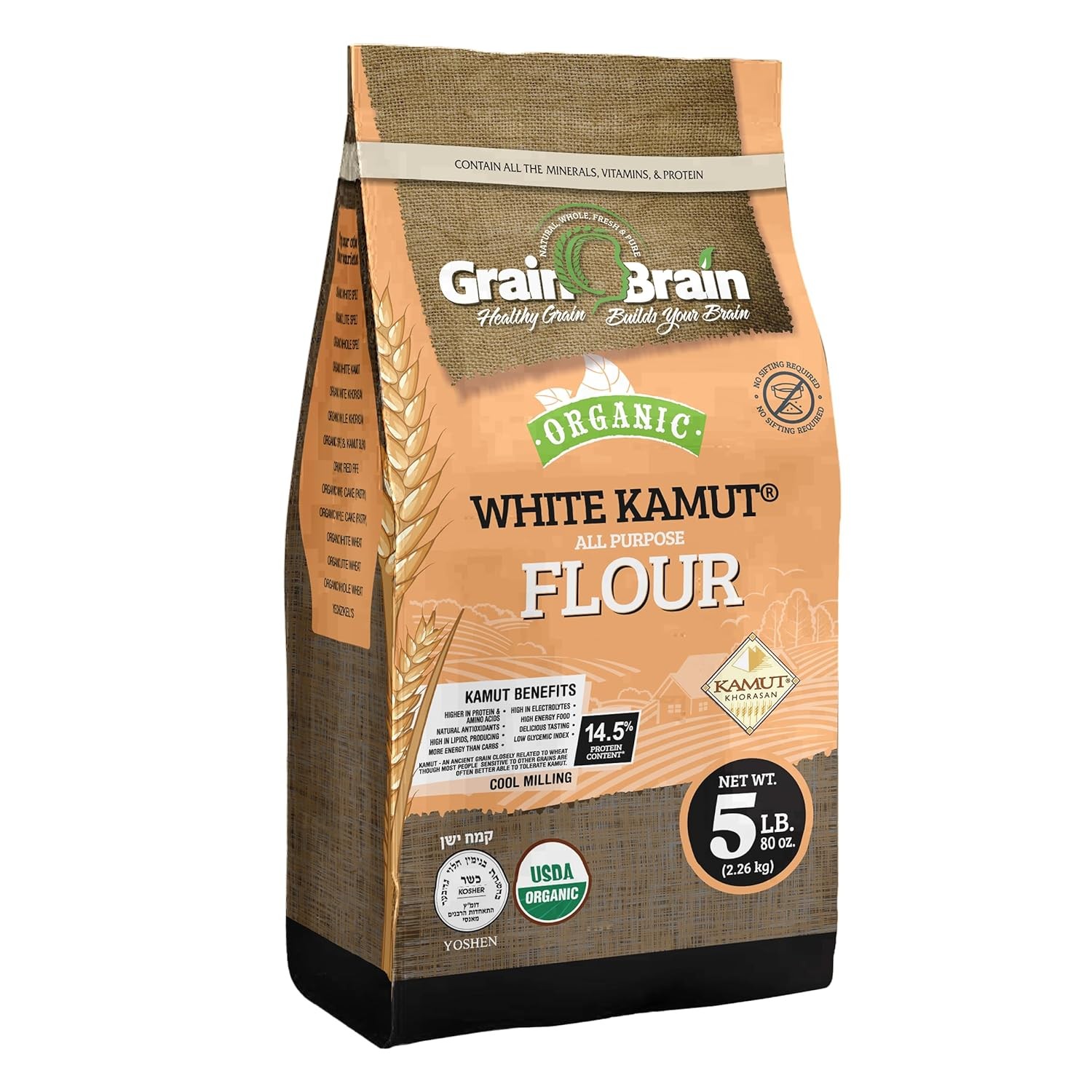 Grain Brain Organic White Kamut Flour (5 lb) Khorosan 80 Ounce (Pack of 1)