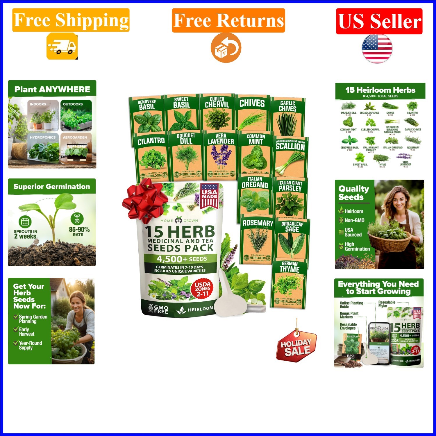 15 Herb Seeds Variety Pack – Non-GMO, Heirloom, Kitchen & Indoor Gardens