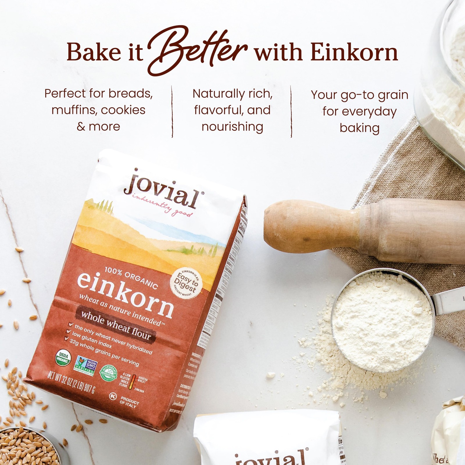 Jovial Organic Einkorn Whole Wheat Flour – Bread Baking 32 Ounce (Pack of 2)